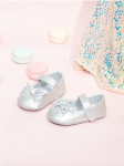 Silver baby shoes, Bow-decorated shoes, Elegant baby footwear, Quality baby shoes, First steps shoes, Comfortable baby footwear