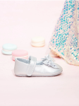 Silver baby shoes, Bow-decorated shoes, Elegant baby footwear, Quality baby shoes, First steps shoes, Comfortable baby footwear