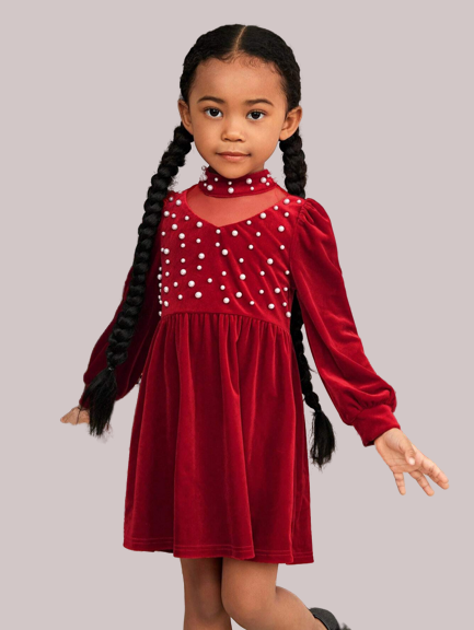 elegant dress for young girls, Daisy dress, red dress, special occasions, comfortable dress, girls fashion, puff sleeves, pearls