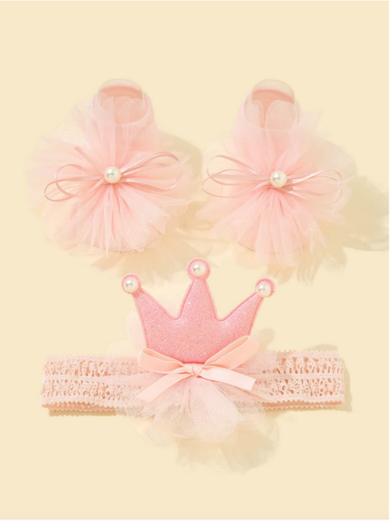 Princess Accessory Set, Non-slip Socks, Tulle Headband, Children's Elegance, Pastel Pink, Royal Accent, Irish Design, Infant Comfort, Unique Children's Gift, Safety and Style, Majestic Crown
