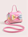 Rainbow handbag for girls, kids' fashion accessories Ireland, girls' pink handbag, stylish handbag with bow, children's shoulder bag, durable kids' handbag, elegant girls' purse, rainbow accessory for girls, versatile girls' handbag