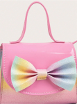 Rainbow handbag for girls, kids' fashion accessories Ireland, girls' pink handbag, stylish handbag with bow, children's shoulder bag, durable kids' handbag, elegant girls' purse, rainbow accessory for girls, versatile girls' handbag