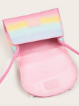 Rainbow handbag for girls, kids' fashion accessories Ireland, girls' pink handbag, stylish handbag with bow, children's shoulder bag, durable kids' handbag, elegant girls' purse, rainbow accessory for girls, versatile girls' handbag