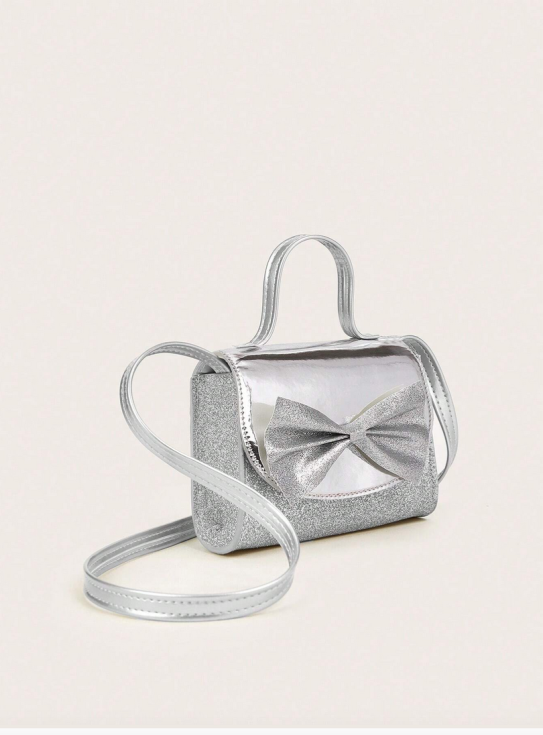 silver girl's handbag, elegant handbag for girls, silver bag with bow, kids' special occasion accessory, girl's faux leather handbag, silver kids' purse