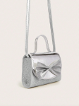 silver girl's handbag, elegant handbag for girls, silver bag with bow, kids' special occasion accessory, girl's faux leather handbag, silver kids' purse