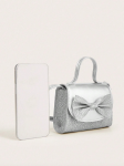 silver girl's handbag, elegant handbag for girls, silver bag with bow, kids' special occasion accessory, girl's faux leather handbag, silver kids' purse
