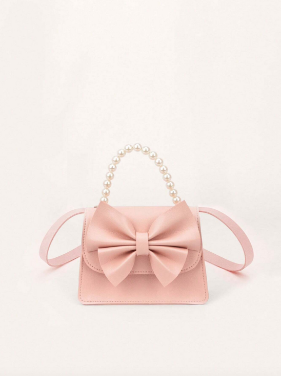 pink handbag, girls handbag, bow handbag, pearl handbag, elegant girls handbag, pink bag for girls, children's fashion accessories, kids' pink purse, stylish girls' handbag