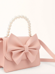 pink handbag, girls handbag, bow handbag, pearl handbag, elegant girls handbag, pink bag for girls, children's fashion accessories, kids' pink purse, stylish girls' handbag