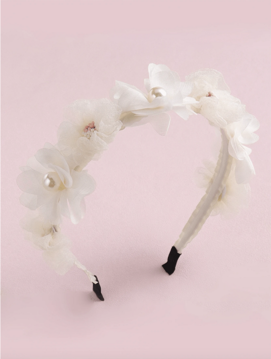 cream hairband for girls, floral hairband with pearls, communion hair accessory, christening hairband, wedding hairband for girls, elegant hair accessories, flower hairband Ireland, girls’ special occasion hairband