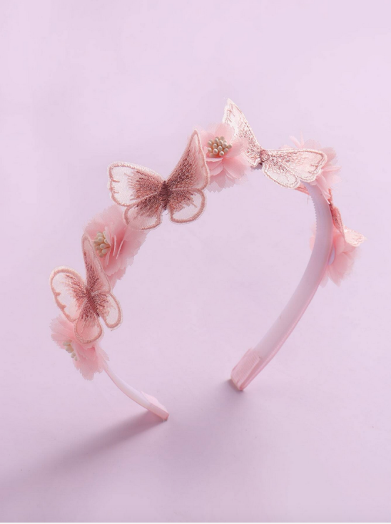 hairband for girls, pink hair accessory, communion hairband, christening headband, wedding hair accessory, flower and butterfly hairband, special occasion headband, girls’ elegant hairband, tulle and pearl hairband