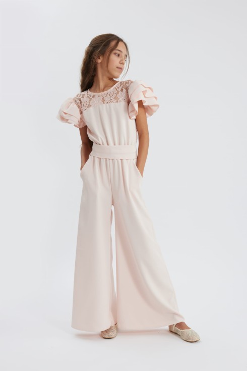 girls jumpsuit, pink jumpsuit for girls, elegant girls outfit, special occasion clothing, modern girls jumpsuit, lace back jumpsuit, Irish kids fashion