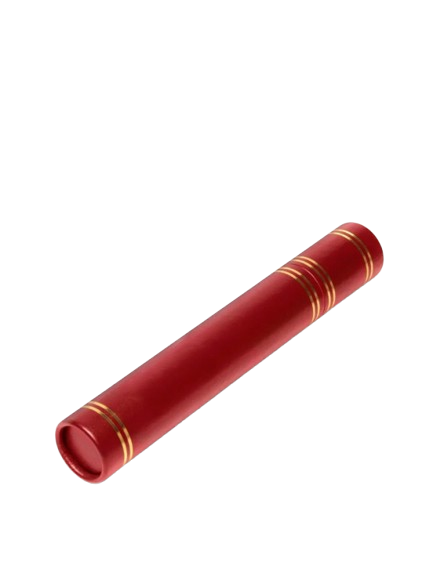 Crimson document keeper with gold bands on wooden shelf