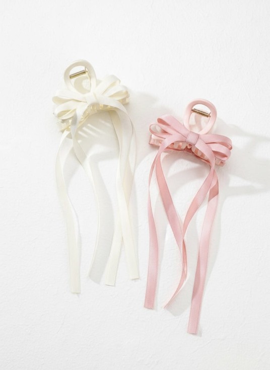 Blush and ivory satin bow hair clips set of two on white background