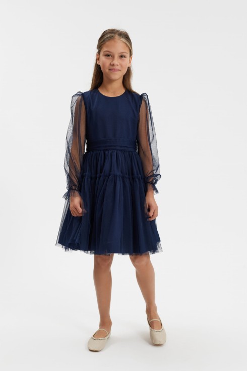 Front view of Holly girls navy tulle dress with stand neckline