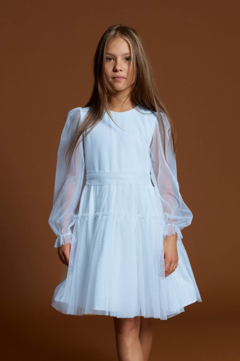 Front view of Holly sky blue girls occasion dress with flared tulle skirt