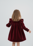 Back view of burgundy velour girls dress easy pull on design