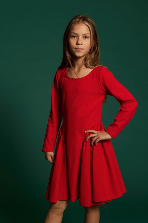 Ofelia girls red long sleeve party dress with flared skirt