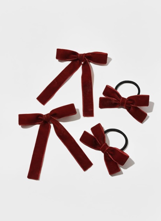Burgundy velvet hair bow clips and ties set on white background