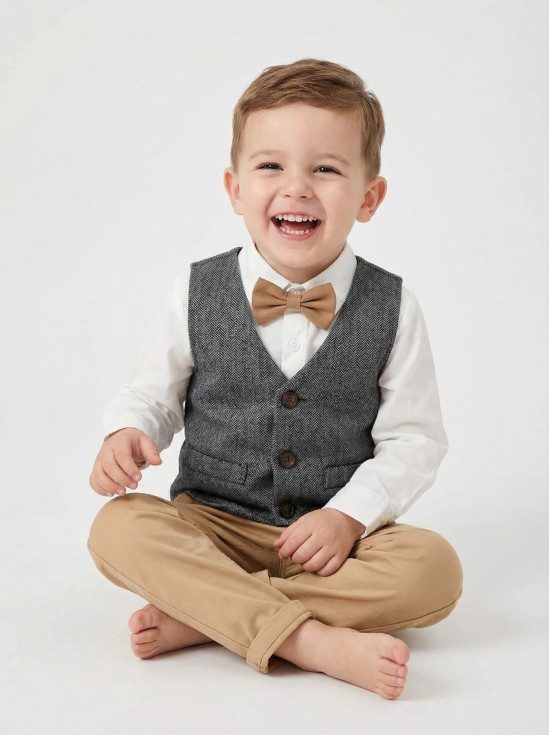 Boy in Enzo Heritage Ensemble at Irish Communion – Crisp white shirt and amber bow tie.