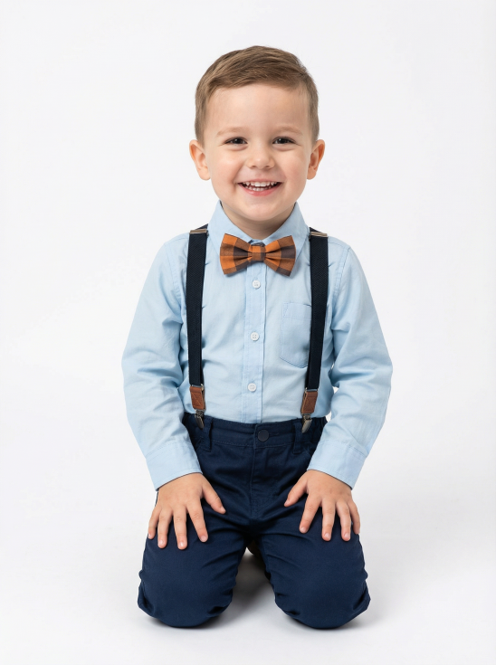 Boy in sky-blue Christian shirt with amber bow tie at Irish wedding