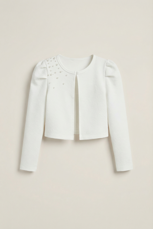 Bolero Ireland, Giorgia Pearl Bolero, Elegant Children Clothing, Girls Formal Wear, Special Occasion Kids Wear, Pearl Embellished Bolero, Irish Children Fashion, Girls Aged 8-12 Clothes, Ecru Bolero for Girls, Light Spring Bolero