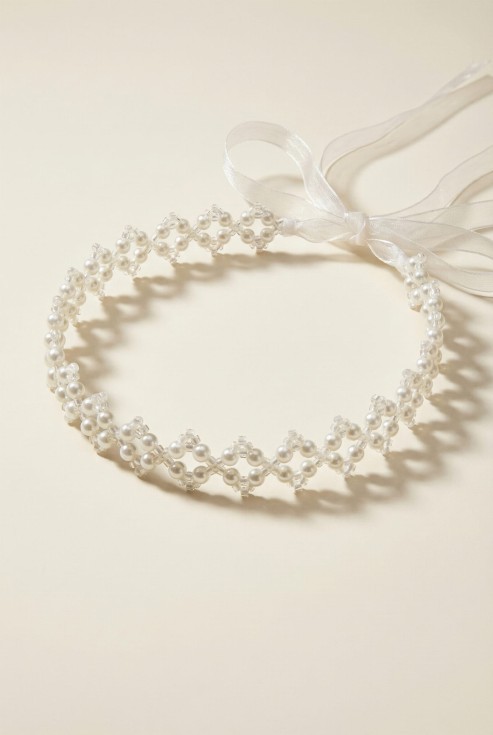 girls hair wreath, communion hair accessory, cream pearl headband, flower girl headpiece, wedding hair accessories for kids, organza ribbon headband
