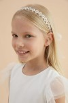 girls hair wreath, communion hair accessory, cream pearl headband, flower girl headpiece, wedding hair accessories for kids, organza ribbon headband