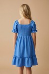 blue girls dress, elegant kids dress Ireland, ruffled hem dress, puff sleeve dress girl, special occasion dress for girls, girls party wear