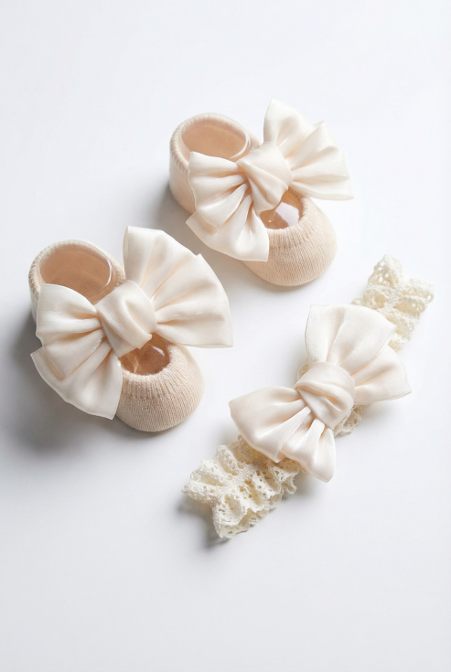baby christening socks, beige baby headband, infant occasion wear, non-pressure headband, baby lace socks, irish christening accessories, baby wedding outfit