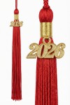 Close-up of 2026 golden tassel charm on red graduation cap.