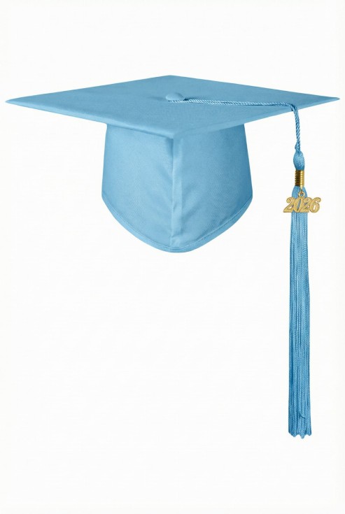 Sky blue graduation cap with golden 2026 tassel on child at Irish ceremony