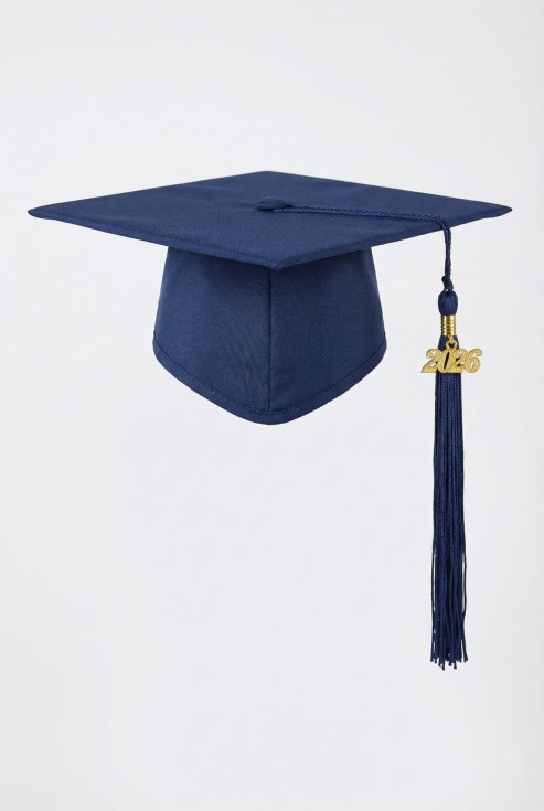 Navy 2026 graduation cap with golden charm on child at Irish school ceremony