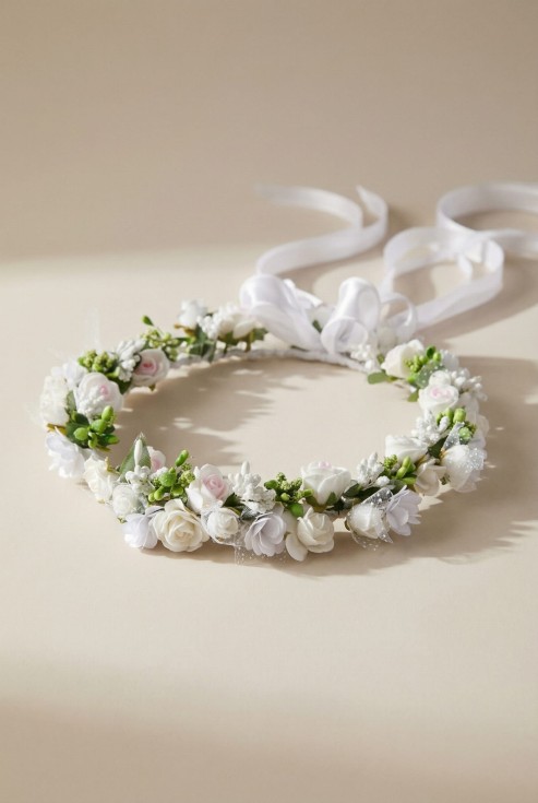 First Holy Communion wreath, communion hair accessories, handmade communion wreath UK, white floral headpiece, girls’ communion headband, satin ribbon wreath, elegant communion crown, UK First Holy Communion accessories