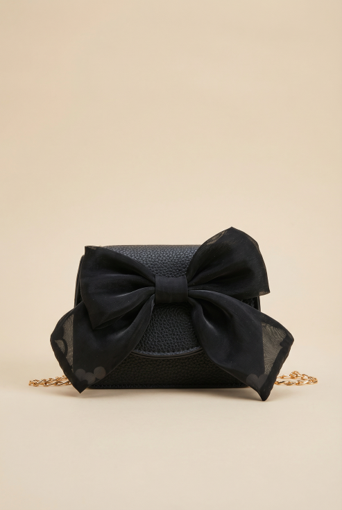 girls handbag, black handbag for girls, elegant handbag, girls party bag, handbag with bow, gold chain handbag, special occasion bag, wedding bag for girls, stylish girls handbag