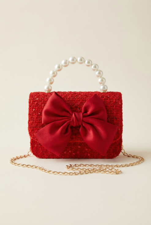 girls red handbag, handbag with bow, pearl handle handbag, girls' party bag, kids elegant handbag, UK girls accessories, little princess handbag