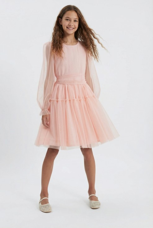 apricot tulle dress girls, Holly rose dress ZOYA Fashion, long sleeve tulle dress Ireland, girls occasion wear