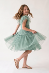 Paola mint tulle girls' dress, back view with zip fastening and sash
