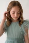 Feather trim sleeve detail on the mint green Paola girls' dress