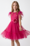 Feather-trimmed sleeve detail on fuchsia girls dress