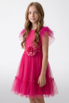 Detachable flower satin sash detail on fuchsia girls dress