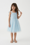 Back view of light blue girls dress with decorative shoulder bows and zip