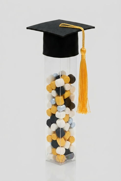 Set of 6 clear graduation diploma tubes with mini caps, for all ages, ZOYA Fashion Ireland