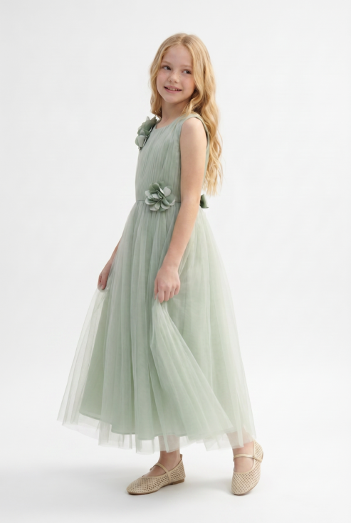 Bella sage green maxi occasion dress for girls 6-13 years, front view, ZOYA Fashion Ireland