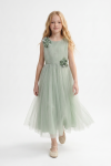 Bella sage green maxi girls dress, side view, flared skirt