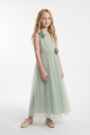 Bella dress 3D flower shoulder detail, sage green girls gown