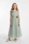Bella dress 3D flower waist detail, sage green maxi dress