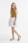 Riva white and gold sequin tulle dress for girls – full-length front view, gold sequin top and layers of white tulle