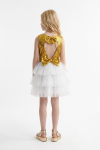 Riva white and gold dress for girls – back view with teardrop cut-out, two sequin bows and white tulle skirt