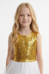 Riva white and gold dress for girls – sleeveless gold sequin top and white tulle, front view, waist-up shot