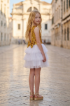 Riva white and gold dress for girls outdoors – back with cut-out and sequin bow, tulle skirt